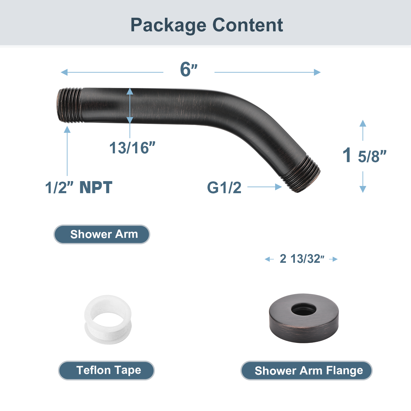 6-Inch Solid Brass Shower Arm with Universal G1/2 Connection