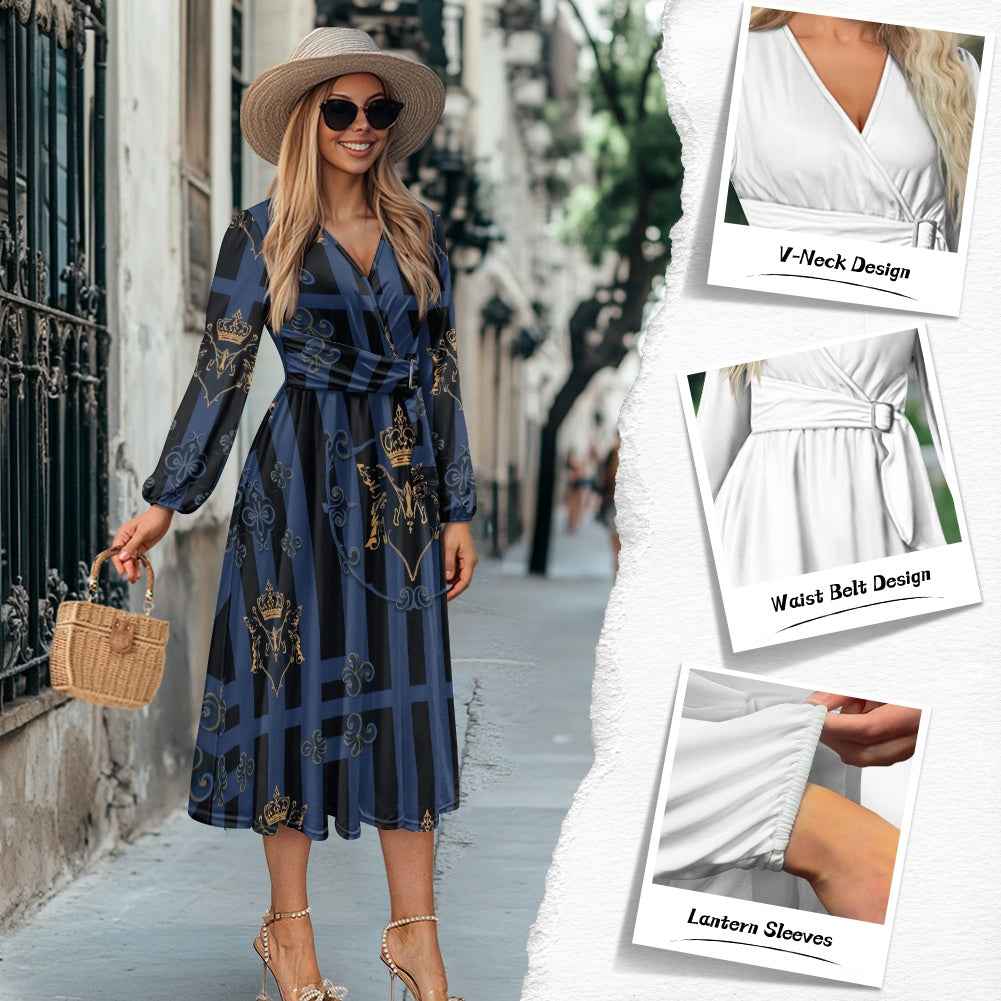 V-Neck Long Sleeve Midi Dress