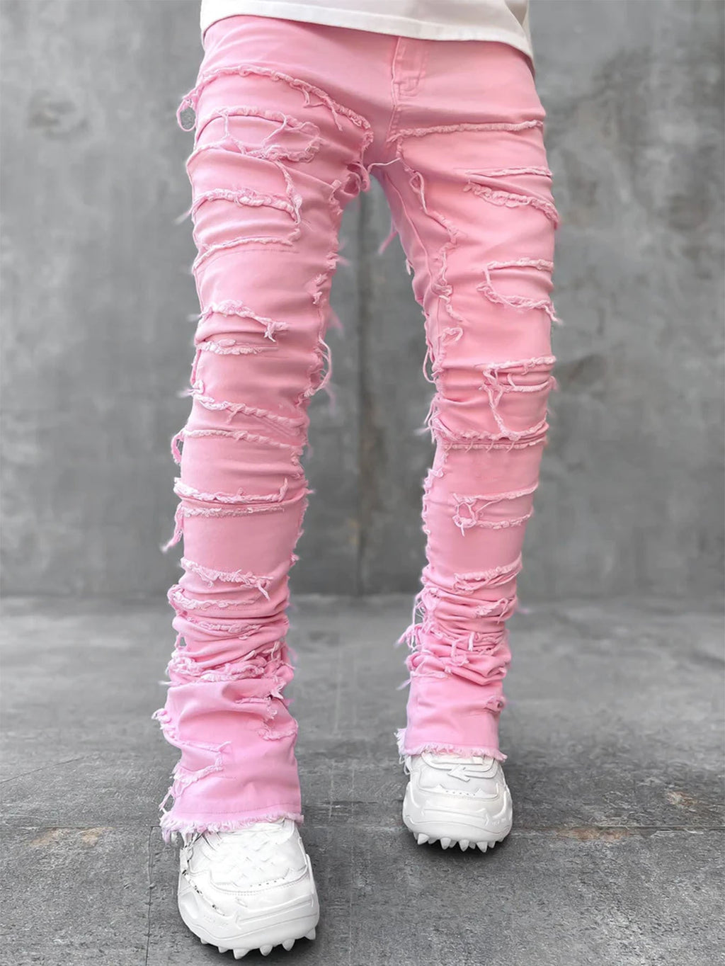 Men's Patched Pants Long Tight Fit Stacked Pants For Men
