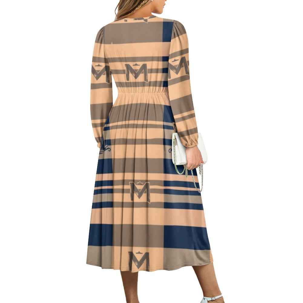 MUNSIEUR V-Neck Long Sleeve Tie Waist Midi Dress