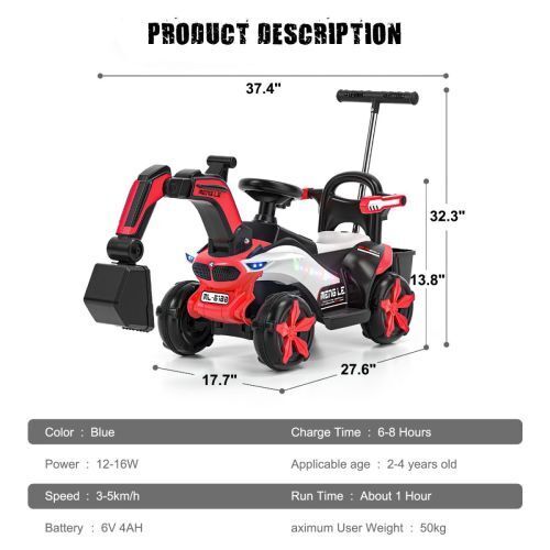6V Battery Powered Electric Excavator Ride-On Toy Car for Kids with Helmet