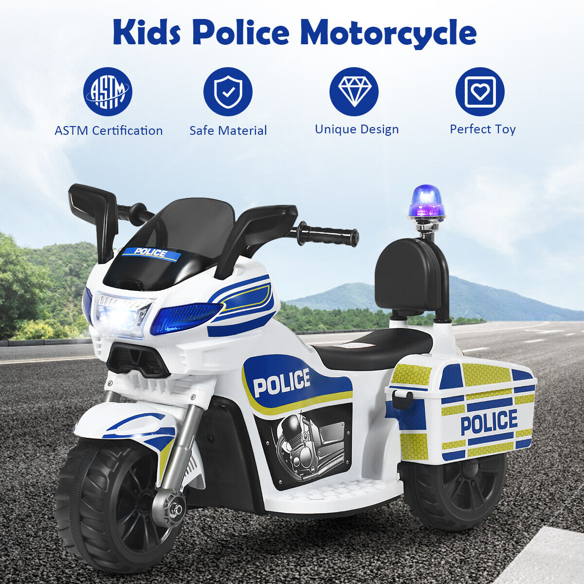 Police Motorcycle Trike for Kids with Headlight and Flashing Siren - 6V 3-Wheel Ride On