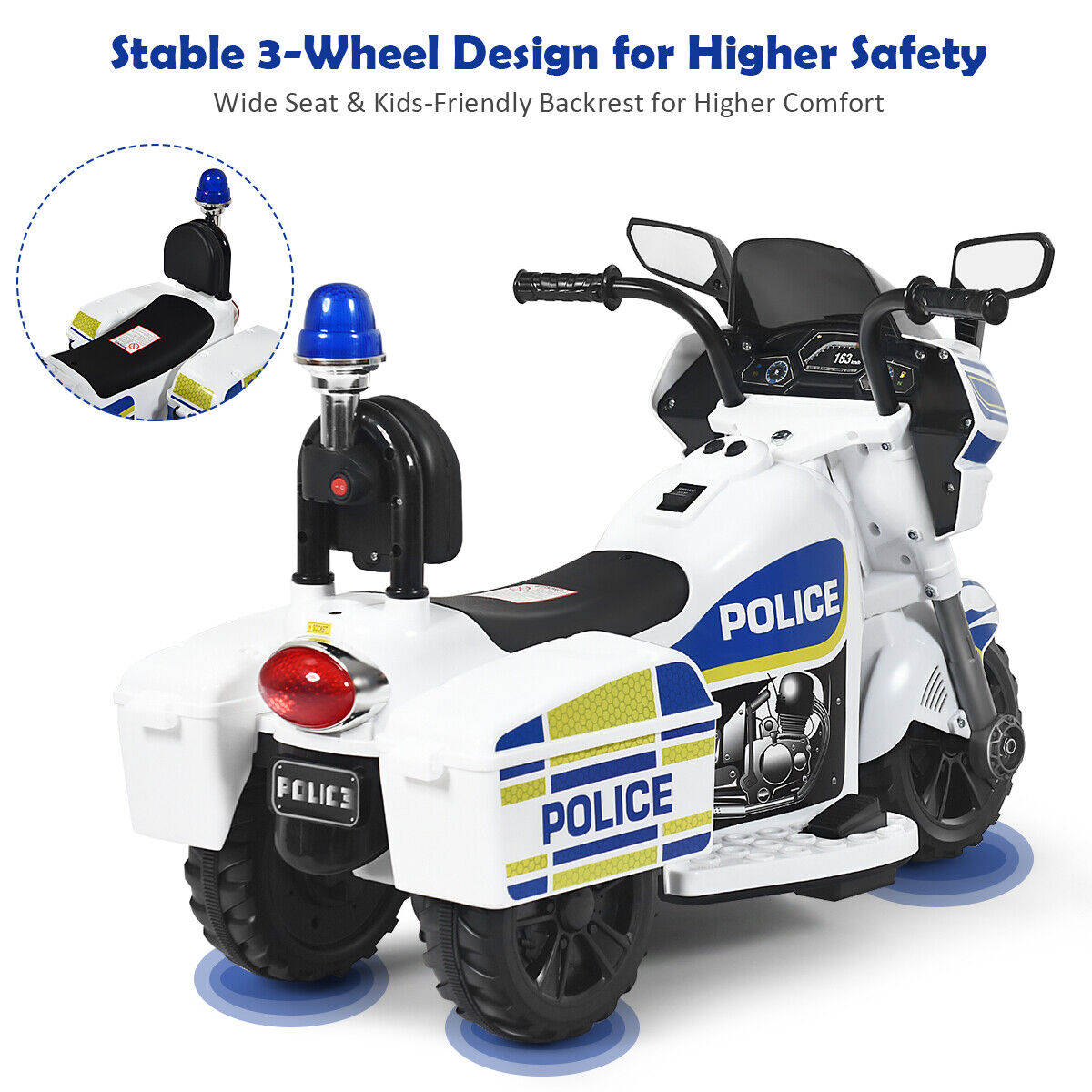 Police Motorcycle Trike for Kids with Headlight and Flashing Siren - 6V 3-Wheel Ride On