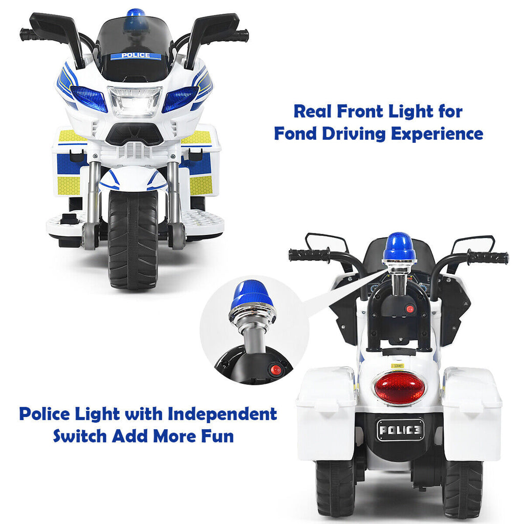 Police Motorcycle Trike for Kids with Headlight and Flashing Siren - 6V 3-Wheel Ride On