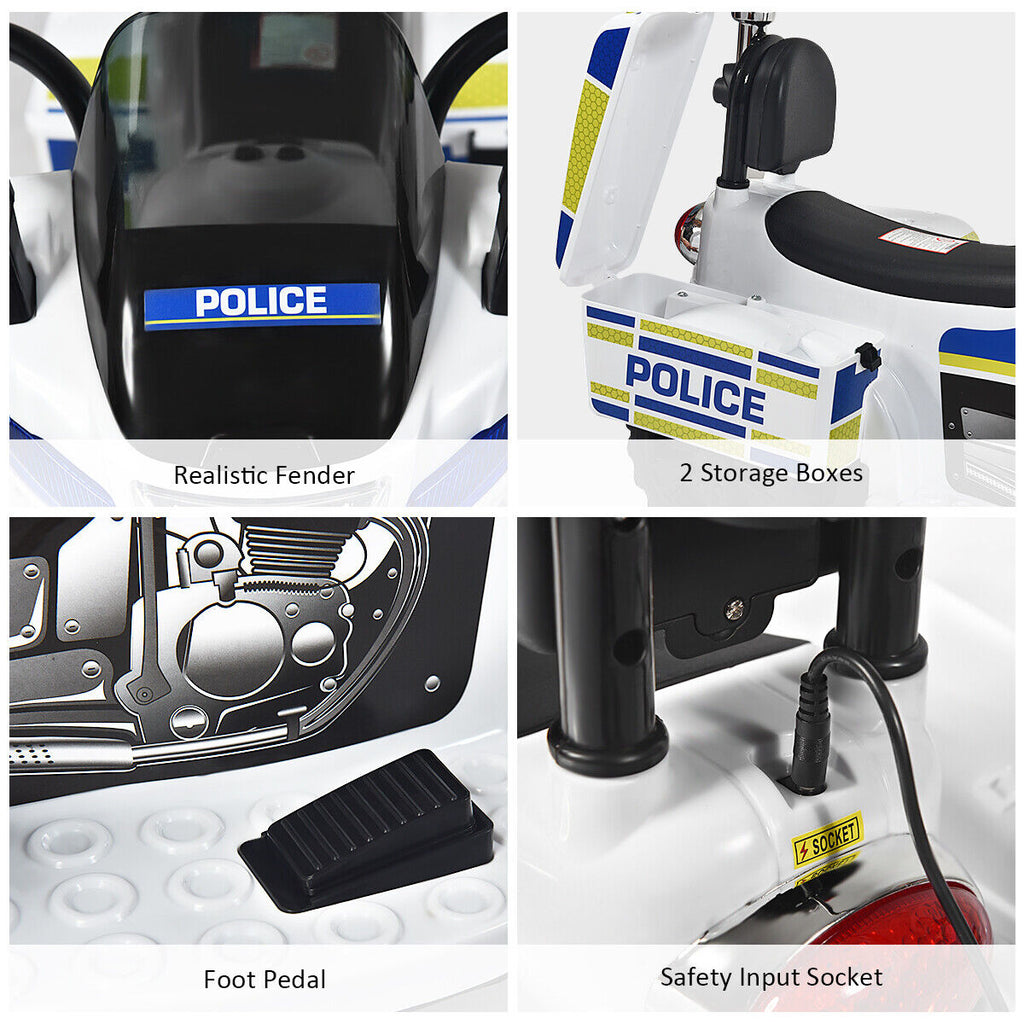 Police Motorcycle Trike for Kids with Headlight and Flashing Siren - 6V 3-Wheel Ride On