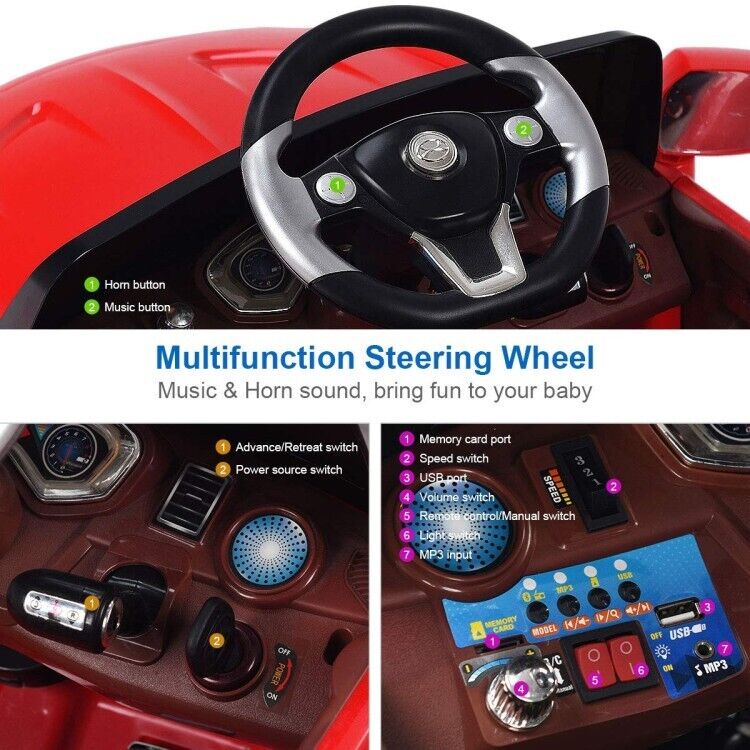 6V Kids Ride On Car with RC Remote Control, LED Lights, and MP3 Player - Red