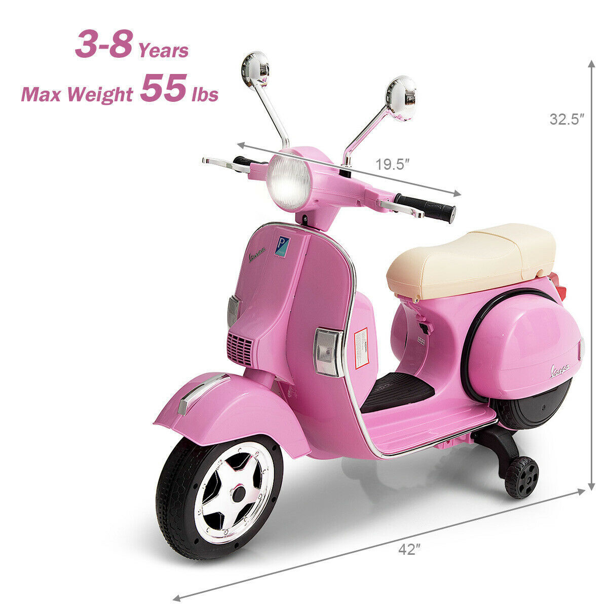 6V Pink Kids Vespa Scooter with Training Wheel and Headlight