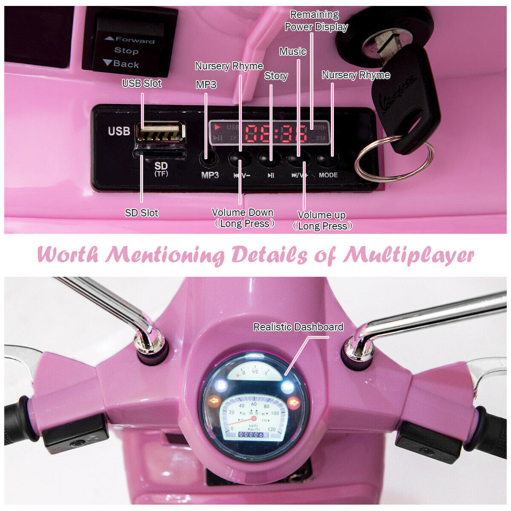 6V Pink Kids Vespa Scooter with Training Wheel and Headlight
