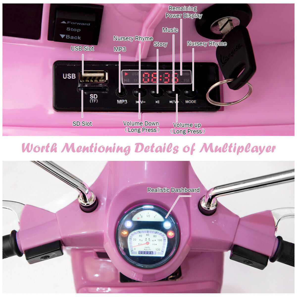 6V Pink Kids Vespa Scooter with Training Wheel and Headlight