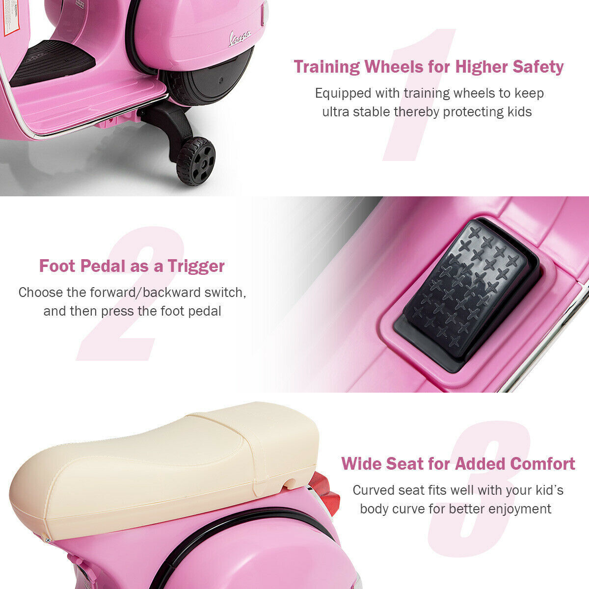 6V Pink Kids Vespa Scooter with Training Wheel and Headlight