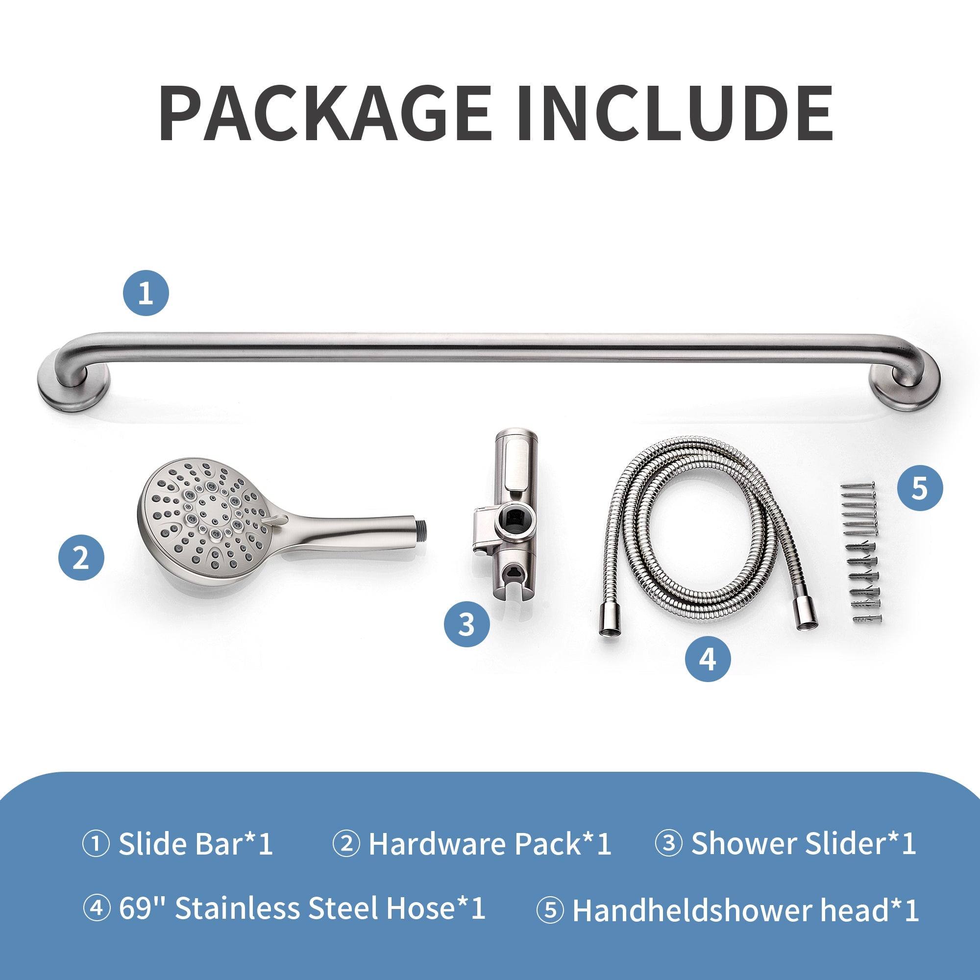 Stainless Steel Slide Bar Grab Rail Set  Includes Handheld Shower Head and 69'' Hose
