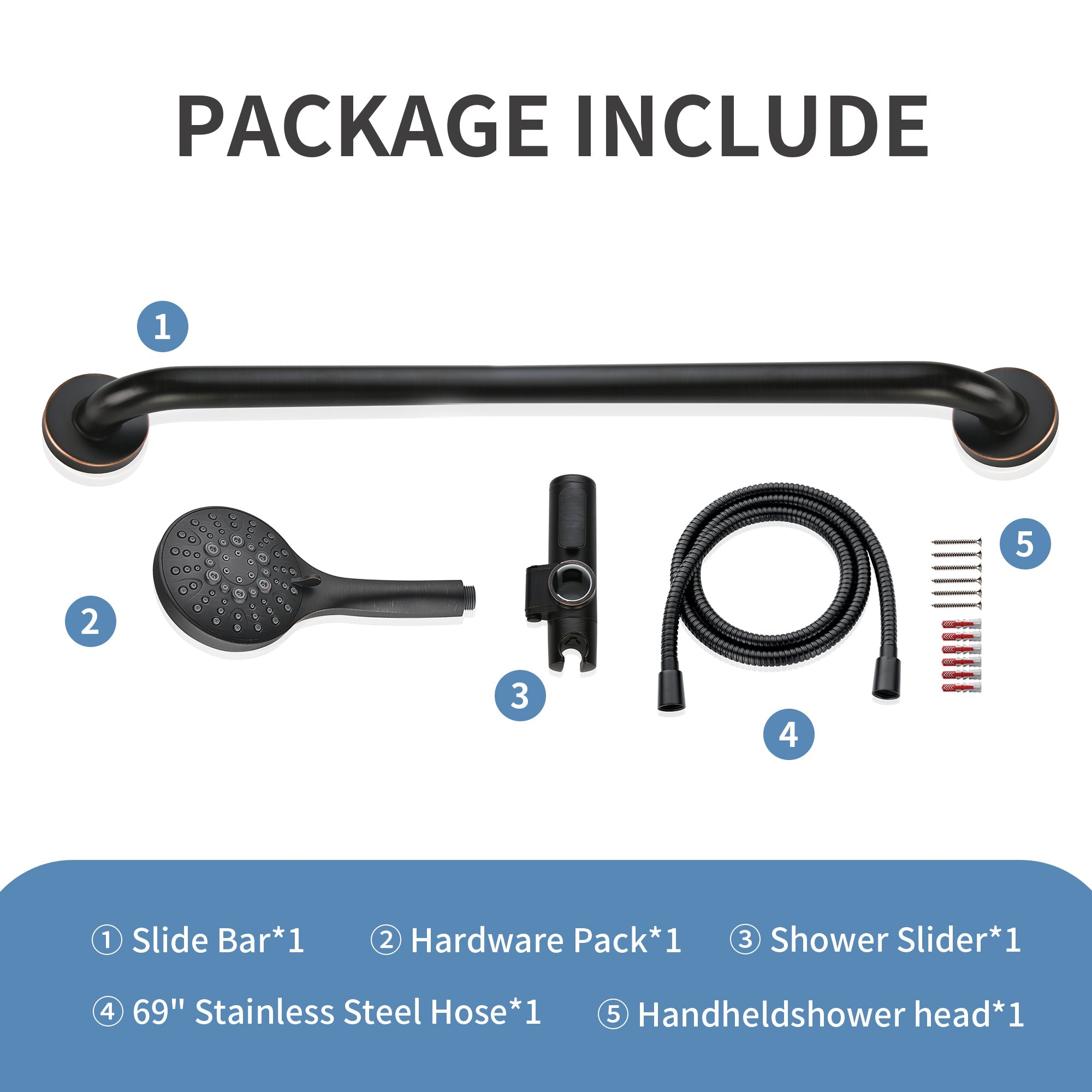 Stainless Steel Slide Bar Grab Rail Set  Includes Handheld Shower Head and 69'' Hose