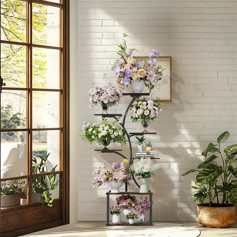 Modern black metal 7 tier plant stand display rack for living room