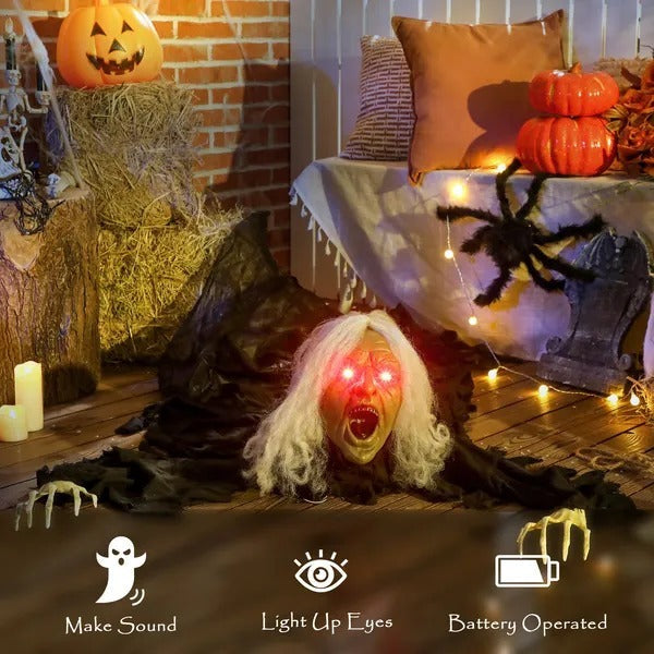 72 Life Size Halloween Animated Crawling Zombie With Glowing LED Eyes, Battery Operated, Indoor Outdoor Props