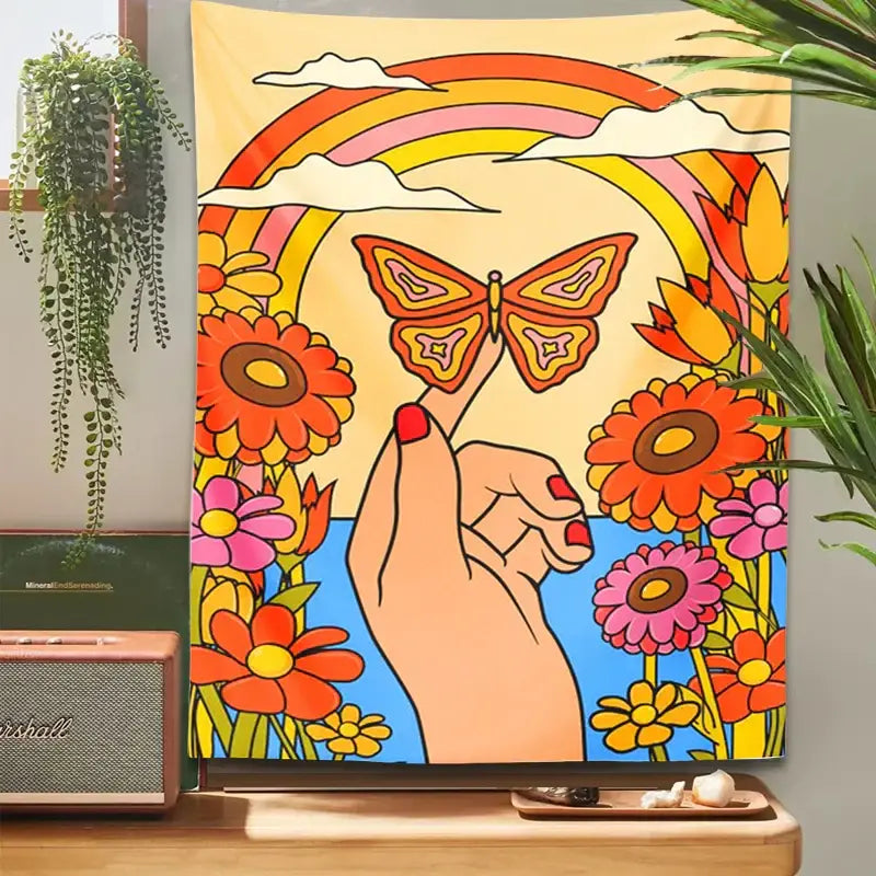 70s psychedelic butterfly rainbow tapestry bedroom wall art