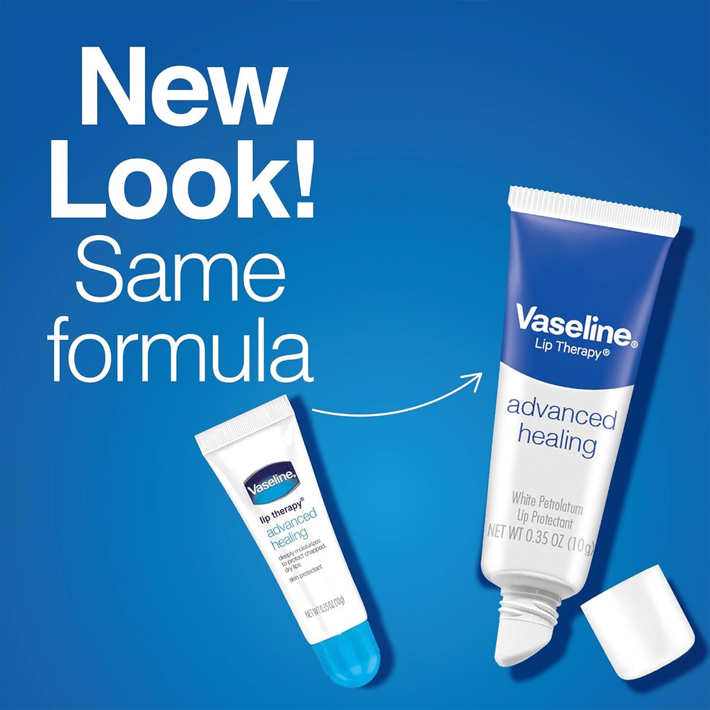 Vaseline Lip Therapy Advanced Healing Lip Balm Tube 3-Pack – White Petroleum Lip Protectant, 0.35 Oz Ea