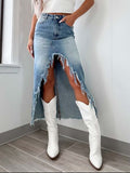 Women's High-Waist Raw Hem Asymmetry Denim Skirt