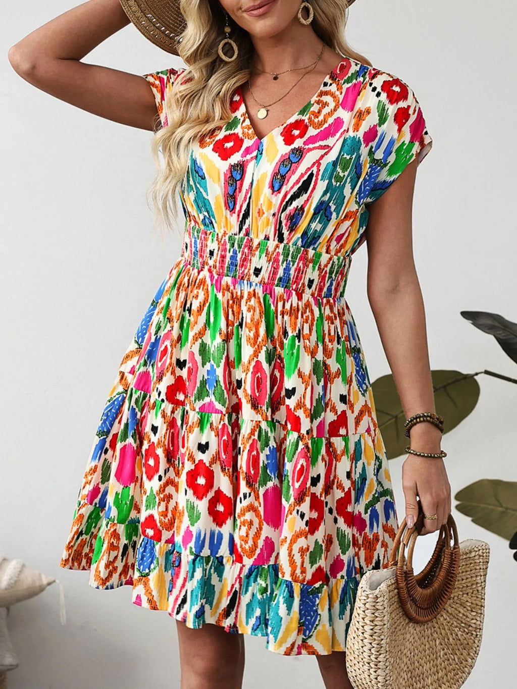 Abstract Print V Neck Dolman Sleeve Ruffle Tiered Mini Dress
