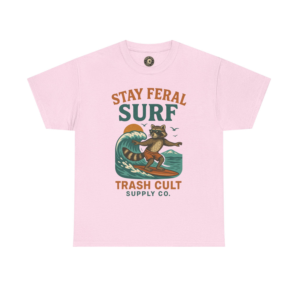 Stay Feral Surf Shirt – Retro Raccoon Beach Tee – Trash Cult Supply Co – Gildan 5000