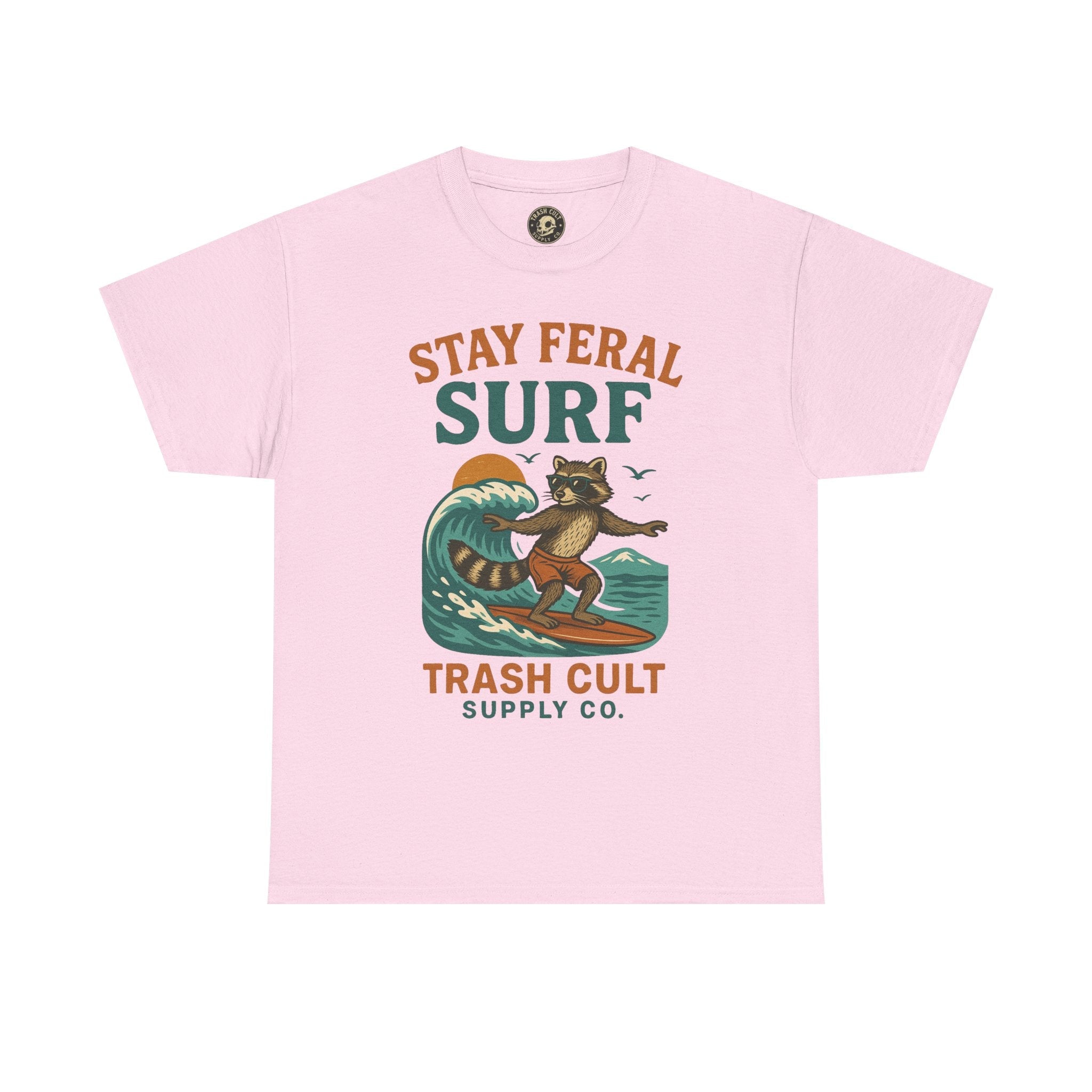 Stay Feral Surf Shirt – Retro Raccoon Beach Tee – Trash Cult Supply Co – Gildan 5000