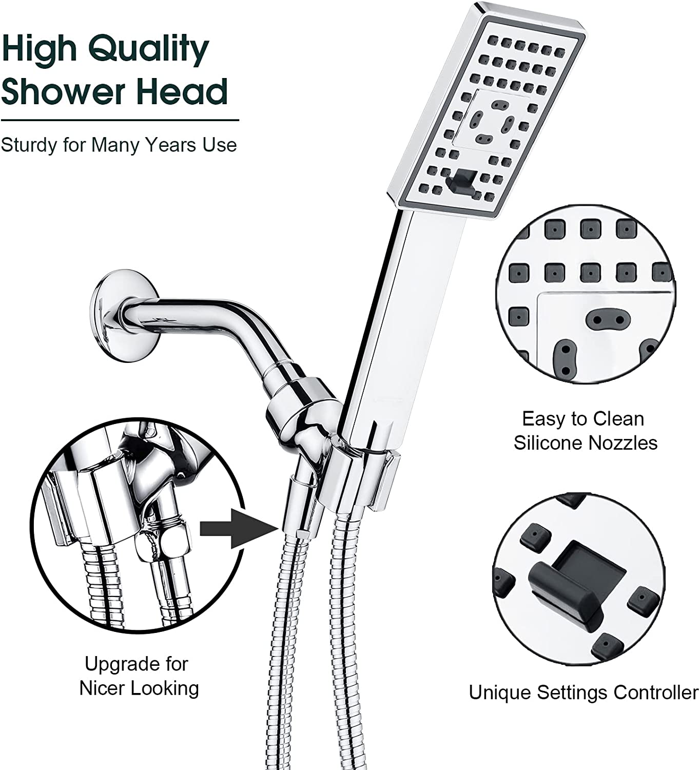 Square 3-Spray Handheld Shower Head Set with Hose and Shower Arm Mount Bracket
