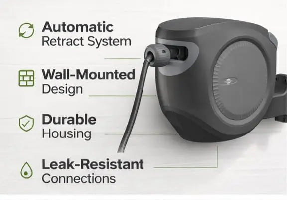 Sunneday Retractable Hose Reel | 75 ft 1/2" | Auto Rewind | 180° Swivel Wall Mount | Multi-Pattern Nozzle | Black/Gray