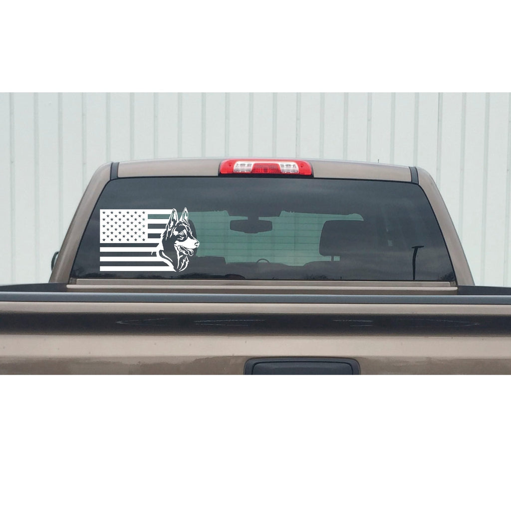 German Shepherd USA Flag Decal – Patriotic GSD Dog Window Sticker – 7585