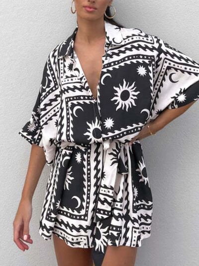 MUNSIEUR Printed Tie-Waist Romper - Luxury Half Sleeve Jumpsuit for Women