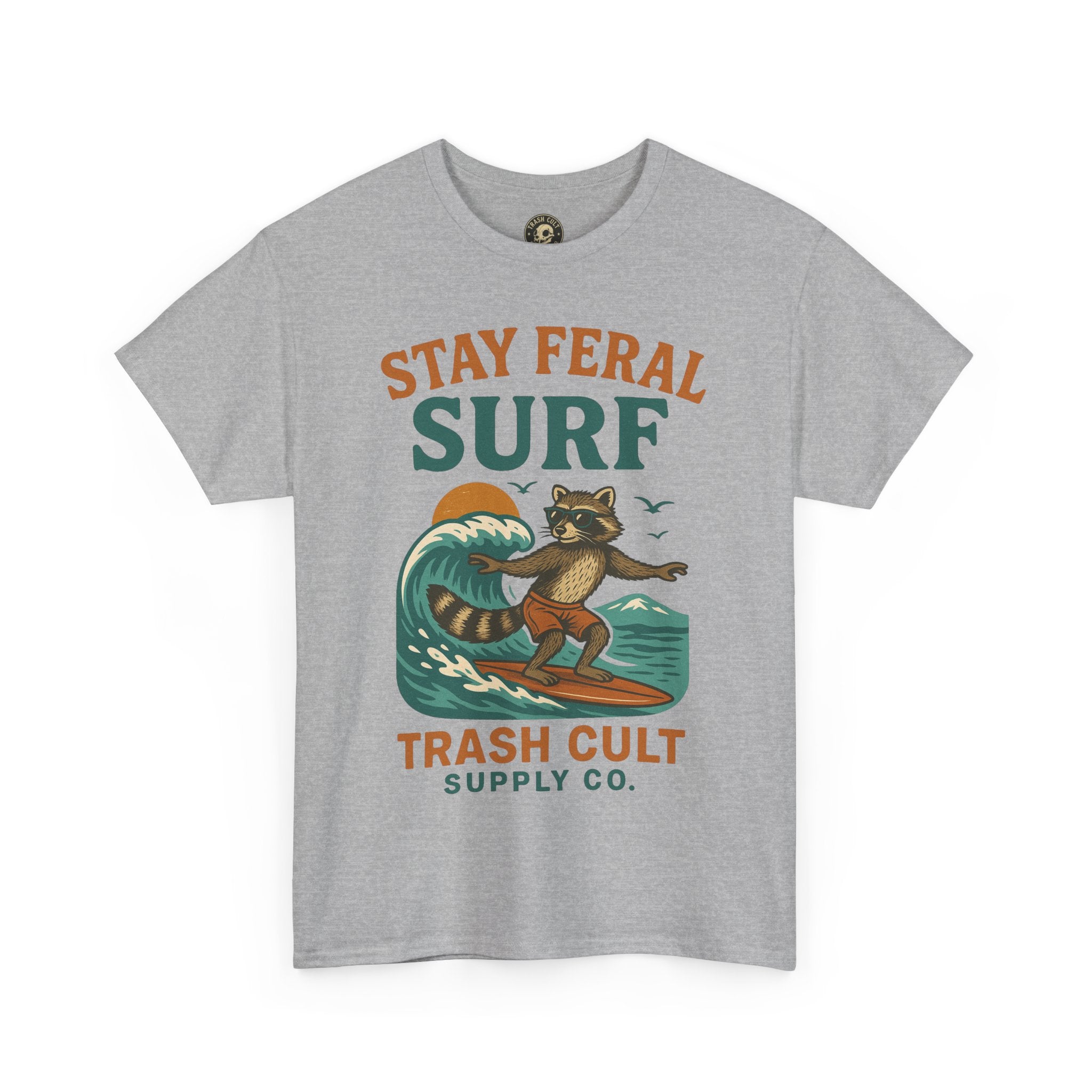 Stay Feral Surf Shirt – Retro Raccoon Beach Tee – Trash Cult Supply Co – Gildan 5000
