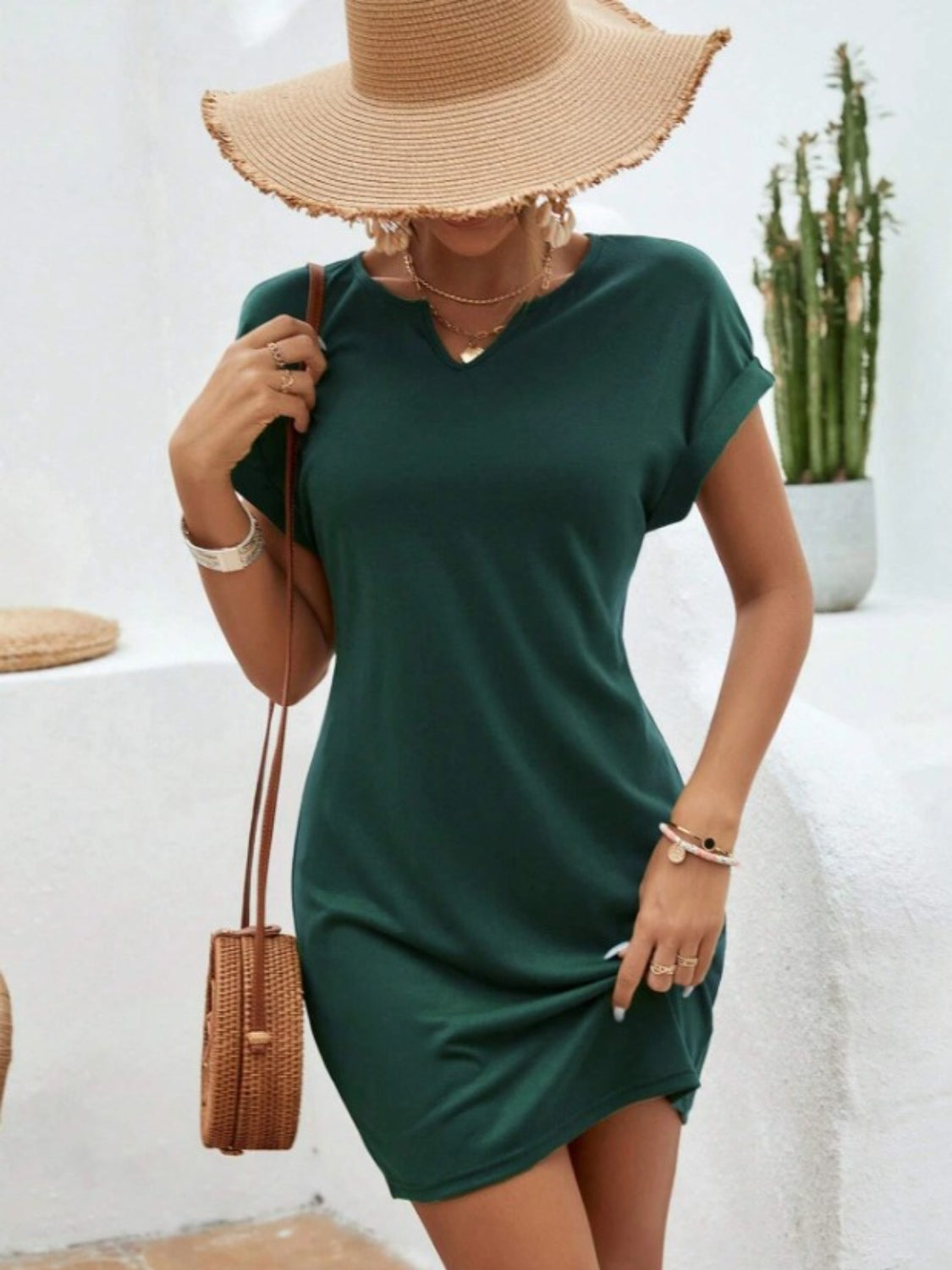 Notched Sleeve Mini Dress