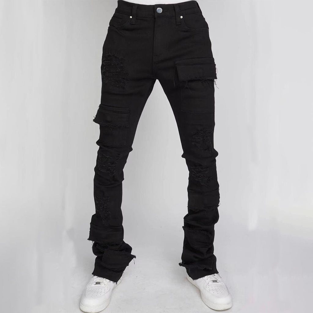 Men's Denim Straight-leg American Fashion Stretch Ripped Laminated Micro-pull Pants
