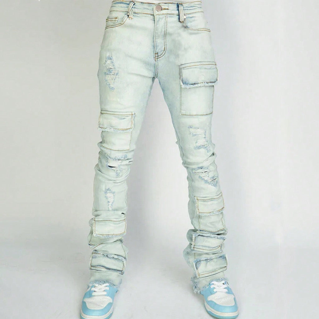 Men's Denim Straight-leg American Fashion Stretch Ripped Laminated Micro-pull Pants