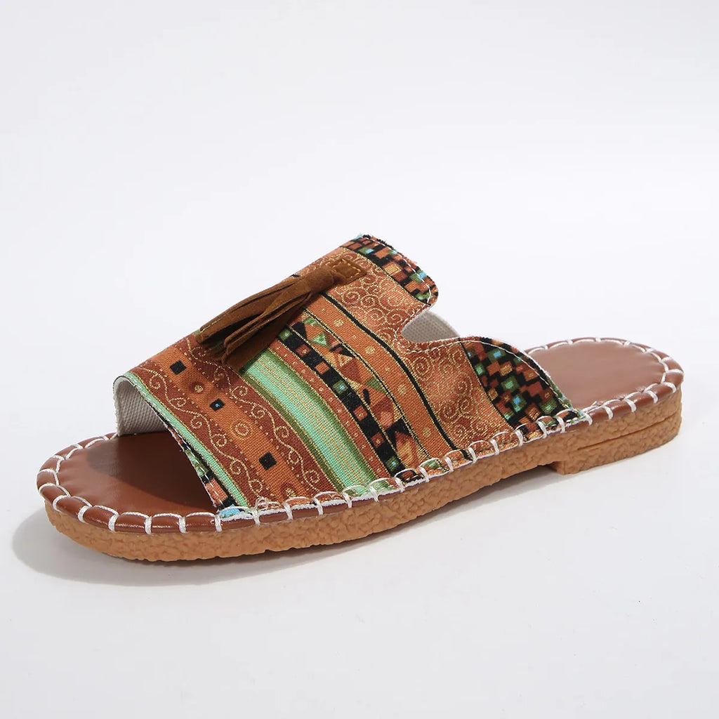 Printed Tassel Flat Sandals