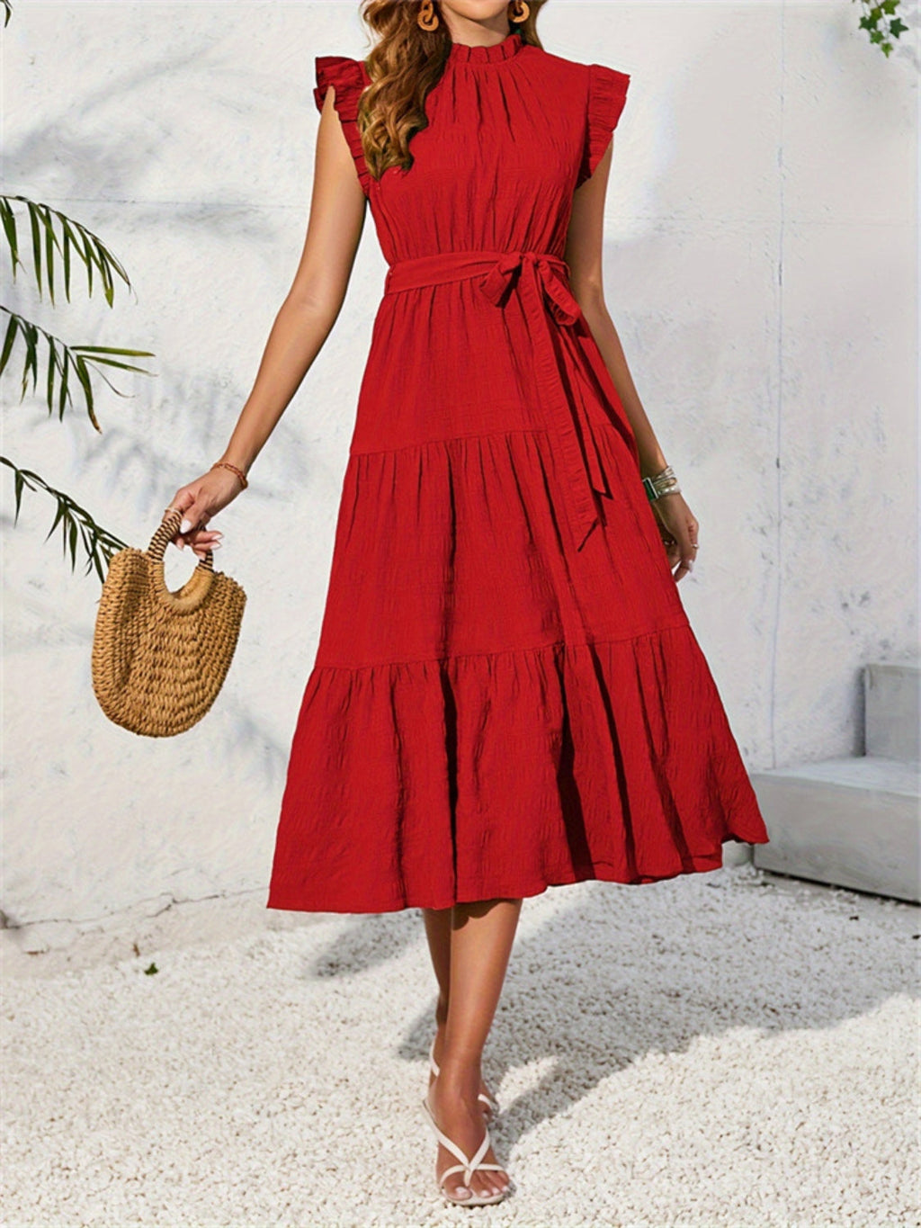 Women's Mock Ruffled Sleeve Midi Dress