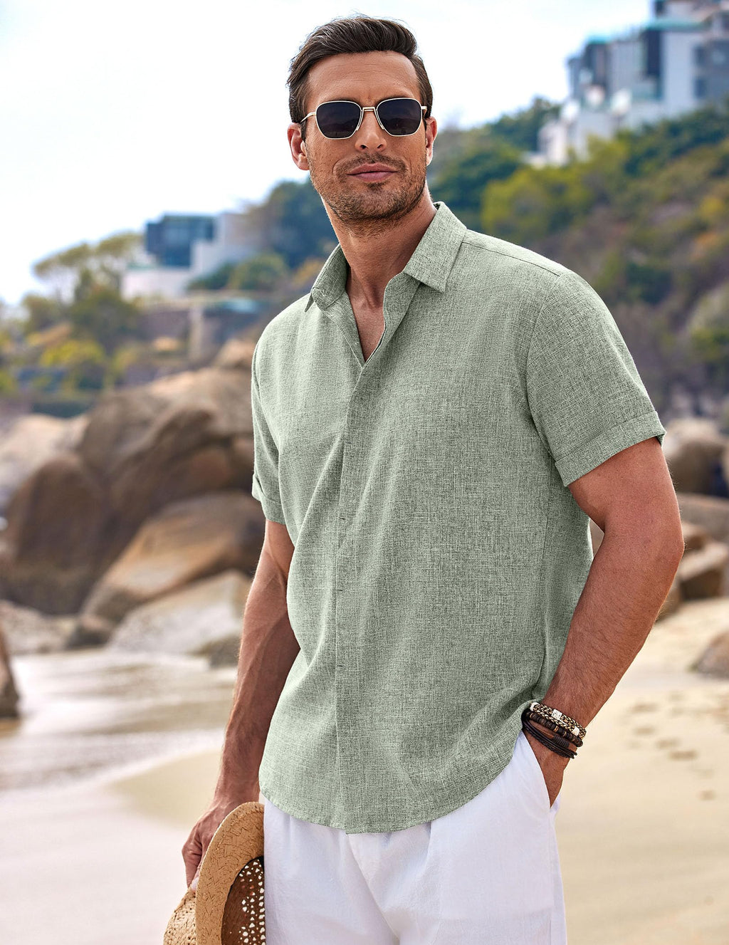 COOFANDY Men's Linen Shirts Short Sleeve Casual Button Down Shirt for Men (Size SM-5XL)