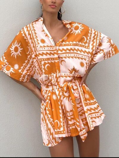 MUNSIEUR Printed Tie-Waist Romper - Luxury Half Sleeve Jumpsuit for Women