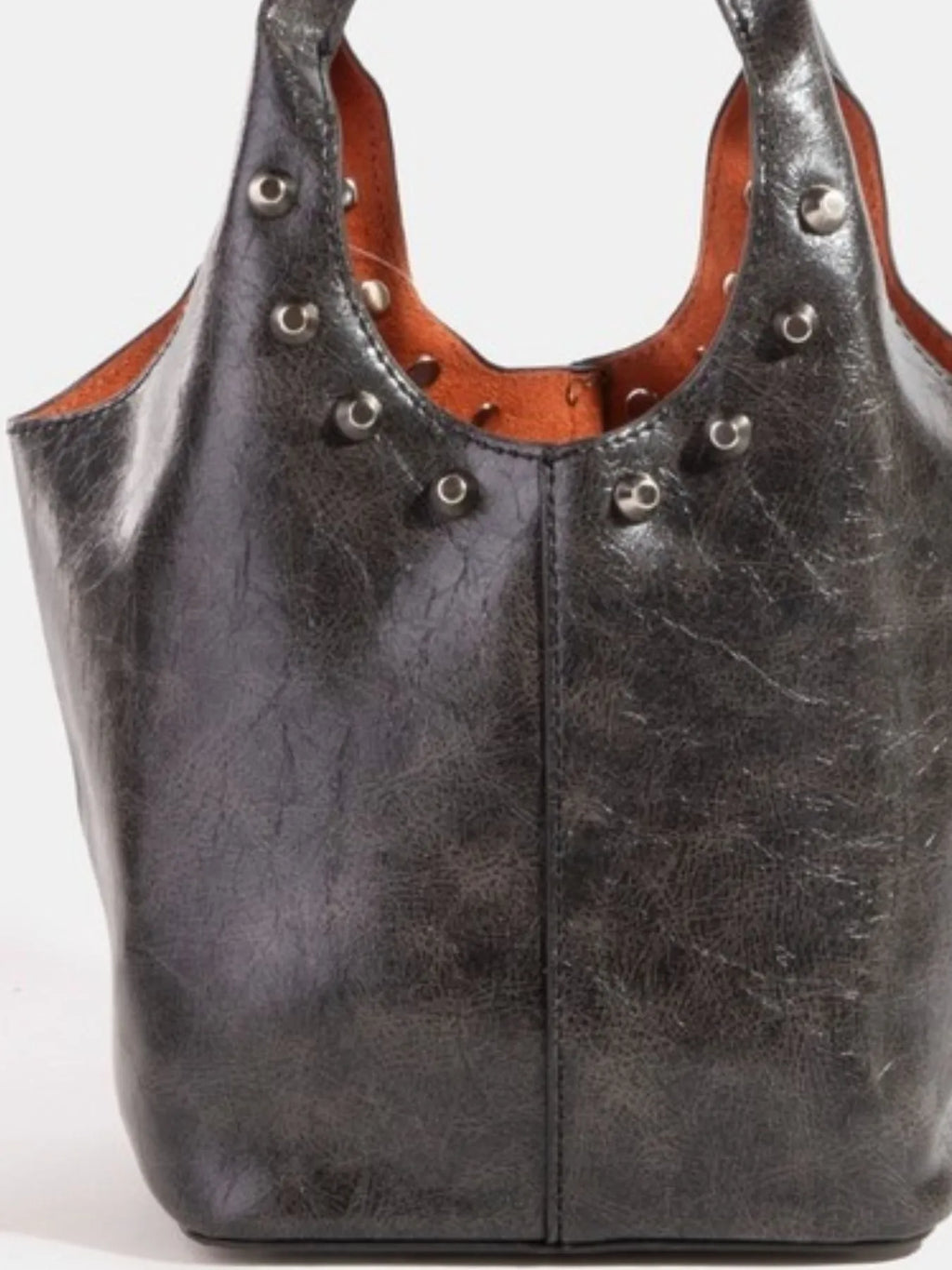 Women's Faux Leather Bucket Bag - Weathered Studded Shoulder Bag