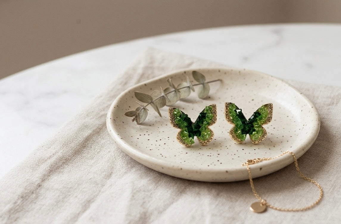 Aura Emerald Butterfly Zircon Studs – Gold Plated