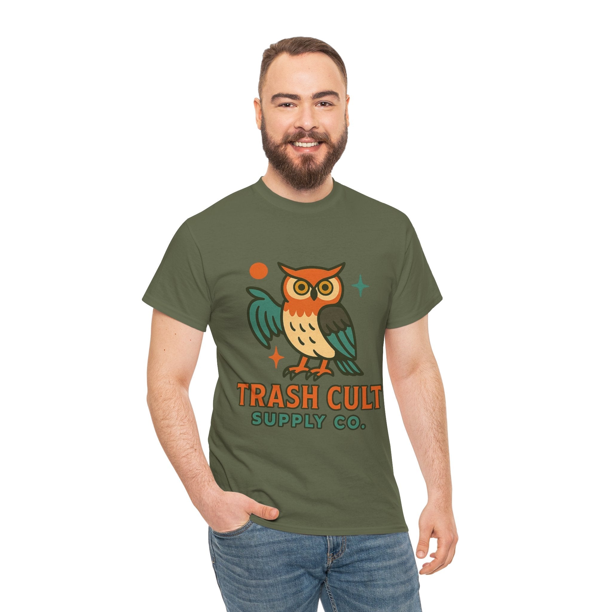 Vintage Owl Graphic Tee, Unisex Heavy Cotton Tee, Trash Cult Shirt, Nature Lover Gift, Eco-Friendly Apparel