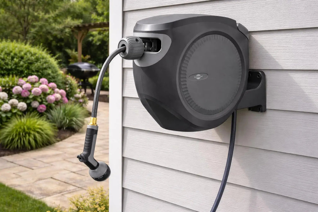 Sunneday Retractable Hose Reel | 75 ft 1/2" | Auto Rewind | 180° Swivel Wall Mount | Multi-Pattern Nozzle | Black/Gray