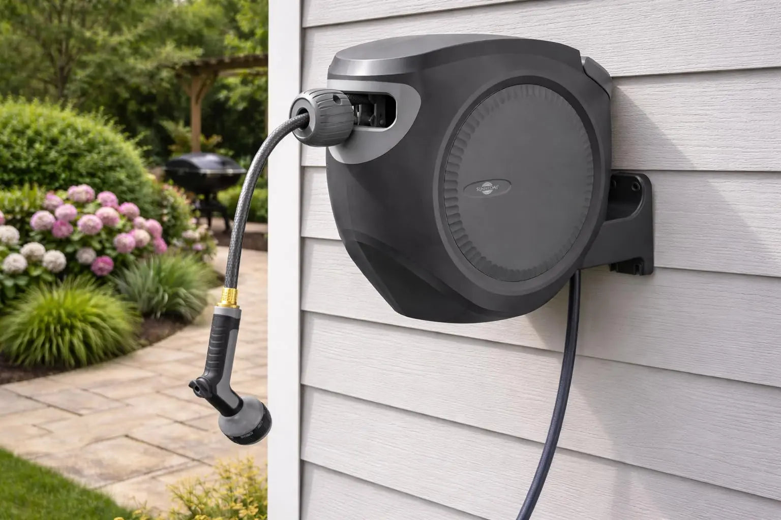 Sunneday Retractable Hose Reel | 75 ft 1/2" | Auto Rewind | 180° Swivel Wall Mount | Multi-Pattern Nozzle | Black/Gray