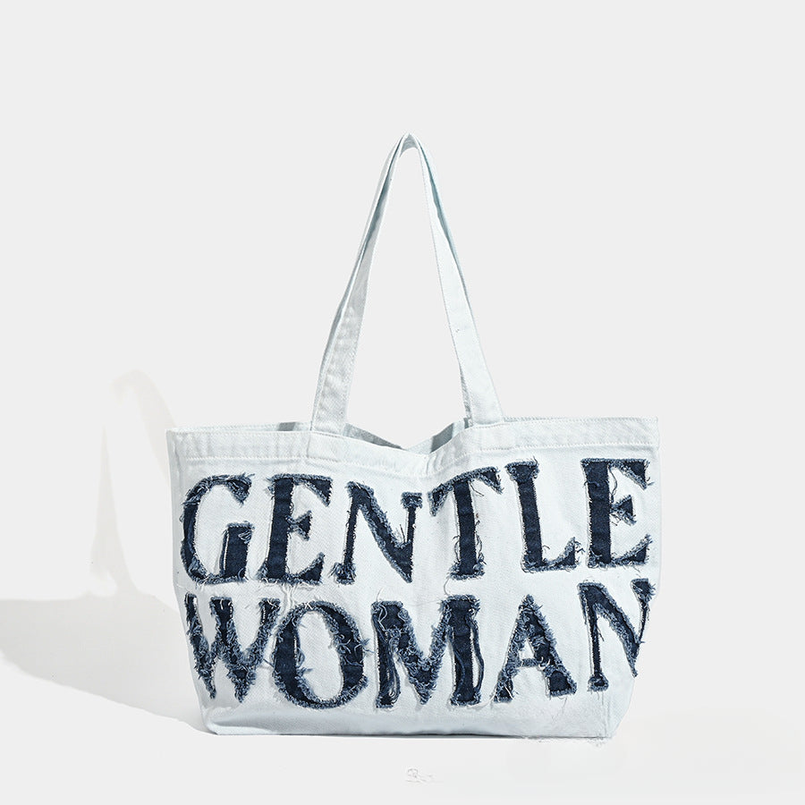 Large capacity shoulder canvas bag, retro denim tote bag big, handheld letter sticker cloth bag, tote bag large