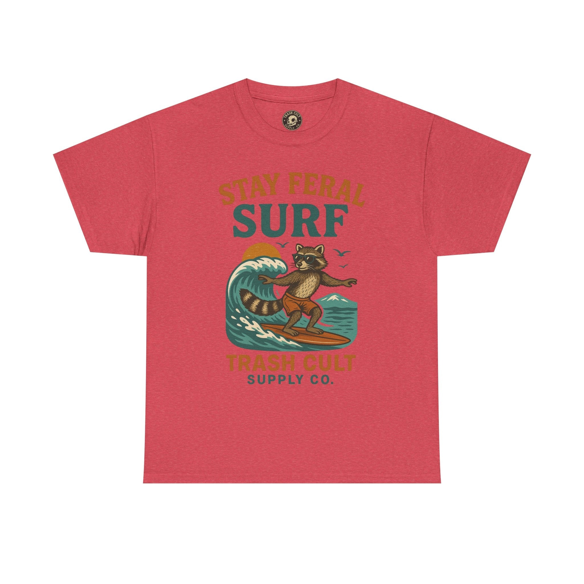 Stay Feral Surf Shirt – Retro Raccoon Beach Tee – Trash Cult Supply Co – Gildan 5000