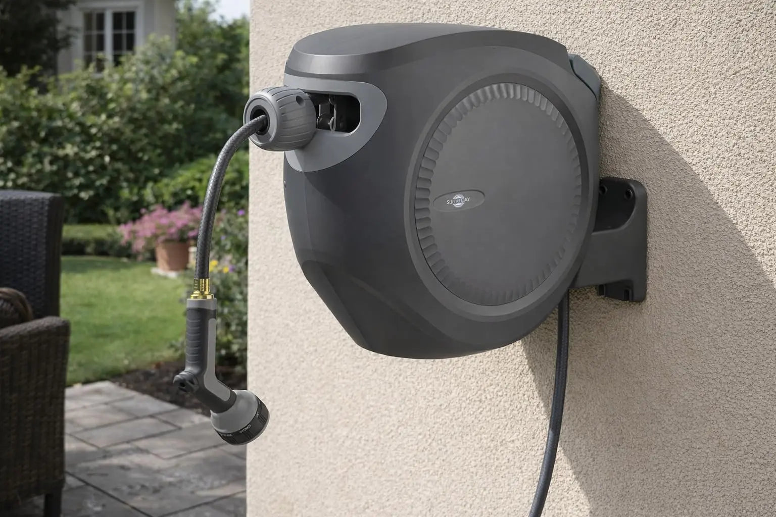 Sunneday Retractable Hose Reel | 75 ft 1/2" | Auto Rewind | 180° Swivel Wall Mount | Multi-Pattern Nozzle | Black/Gray