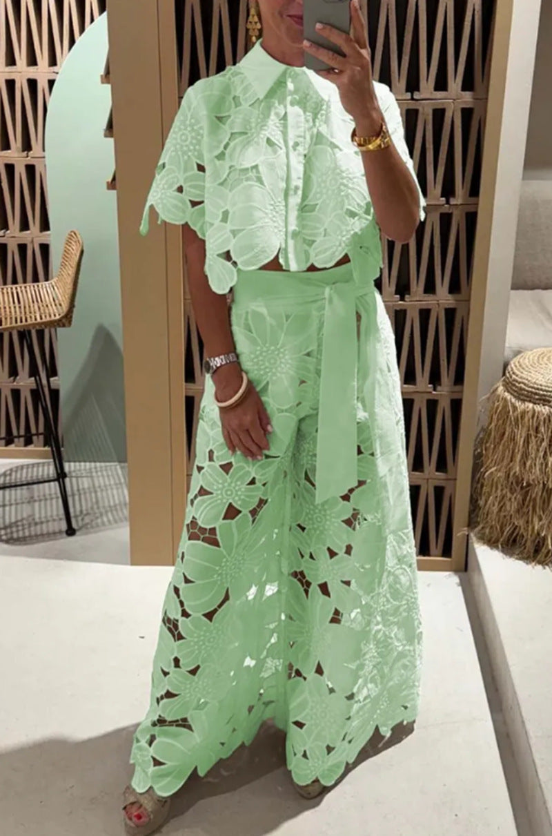 Solid Color Sexy Cutout Cardigan Blouse Wide Leg Two-piece Set