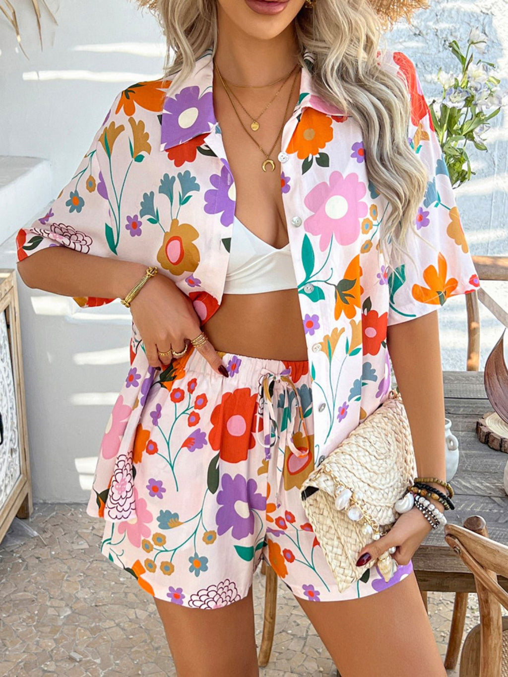 Women's Devine Printed Button-Down Romper Set Bottoms