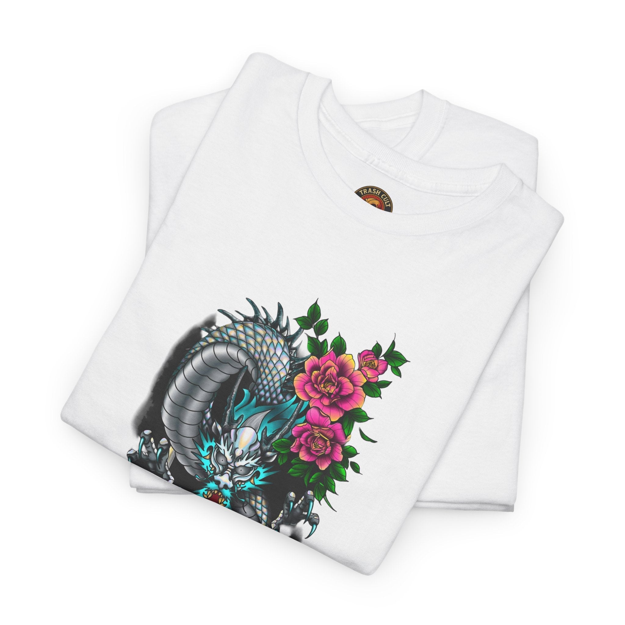 Mythic Dragon & Peonies Tattoo T-Shirt – Lara Davenport x Trash Cult Supply Co. Collab (Gildan 5000)