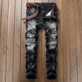 Distressed Slim Fit Straight-leg Denim Men's Broken Patched Hole Pants