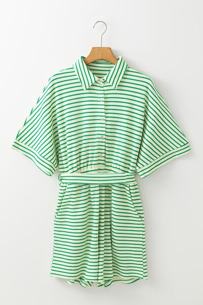 Striped Half Sleeve Tie Waist Romper