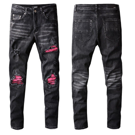 Men's New American High Street Hole Patch Pants Slim Fit Skinny